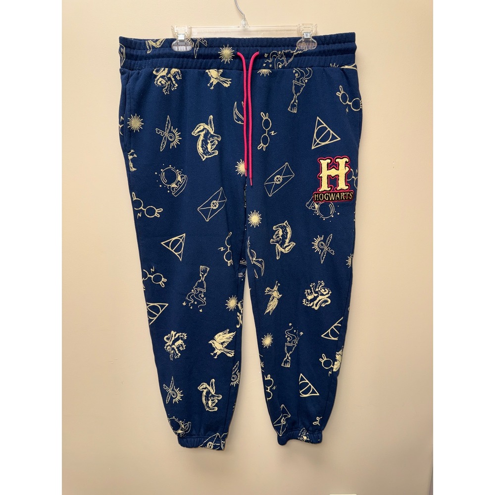 Harry Potter Hogwarts Womens XL Jogger Sweatpants Navy Blue Gold Graphic Print